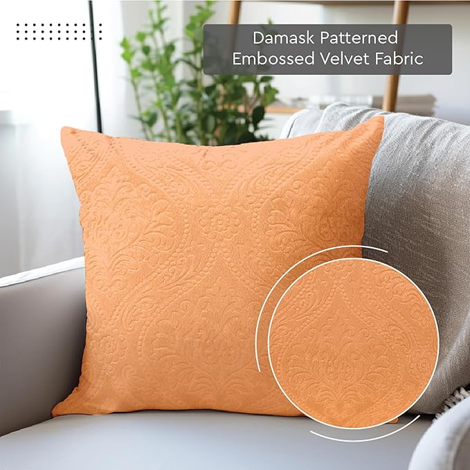 Encasa XO Luxury Embossed Velvet Throw Pillow Covers - Plush Cushion Covers for Elegant Living Rooms & Bedrooms, Machine Washable, 24"x24" Peach | Set of 2 | Covers Only No Insert