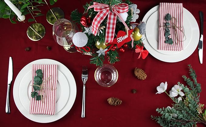 Plain Striped Cotton Linen Blended Dinner Cloth Napkins - Set of 12 (40 x 30 cm) - for Events & Home Use (Red)