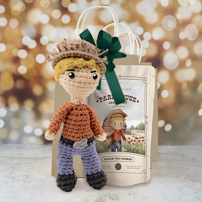 Amigurumi Crochet Kit for Beginners Adults and Kids, Learn to Crochet Kits for Adults Beginner with Easy Yarn, Stuffed Crochet Animal Kit with Step-by-Step Video Tutorials – Dixon the Farmer