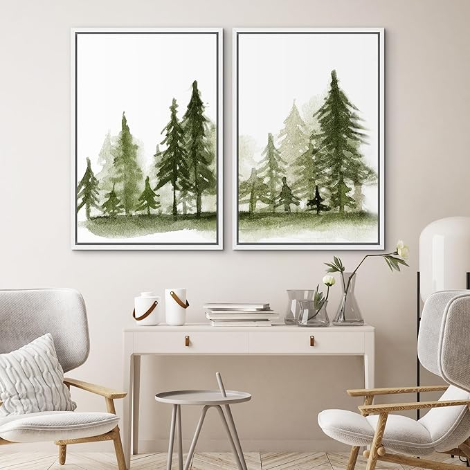 SIGNWIN Framed Wall Art Print Set Watercolor Dark Green Forest Pine Trees Nature Wilderness Illustrations Modern Art Rustic Relax/Calm Multicolor for Living Room, Bedroom, Office - 24"x36"x2 White