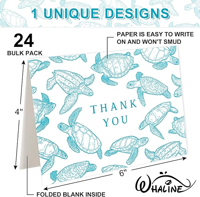 Whaline 24 Pack Ocean Thank You Card Greeting Cards with Envelopes Stickers Teal Sea Turtle Blank Note Cards for Summer Birthday Baby Shower Party Supplies