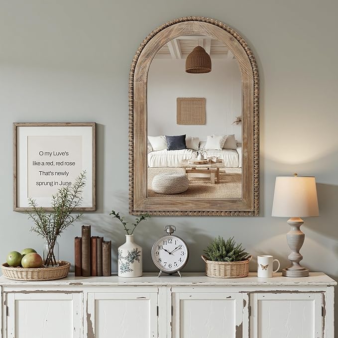 LuxenHome Arch Wall Mirror, 26"x40" Wood Framed Wall Mirrors, Farmhouse Decorative Wooden Mirror, Accent Entryway Wall Mirror, Wall Mounted Mirror Living Room Wall Decor