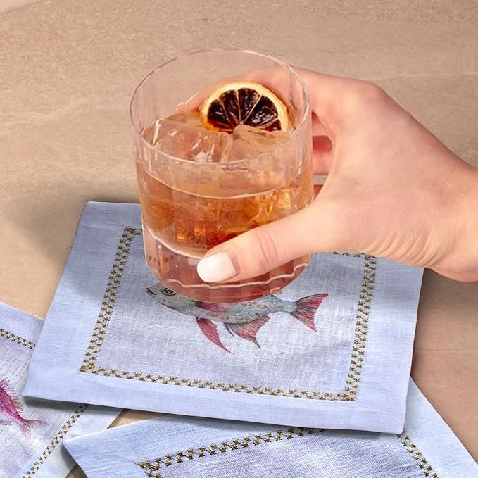 Cocktail Napkins Set of 6, 6x6 inch, 100% Linen, Printed Animal Pattern, Reusable & Washable Cloth Coasters for Beverages, Hosting, Gifting & Everyday Use (Pink Fish)