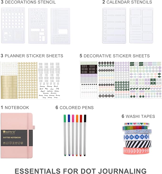 &And Per Se Bullet Dotted Journal Kit, A5 Hardcover Dotted Journaling Set (Pink), 6 Fineliner Pens, 8 Sticker & 5 Stencil Sheets, 6 Washi Tapes with Giftable Box