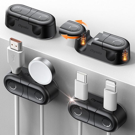 Magnetic Cable Clips - Chfeila 4Pack [Dual Slot] [360°Rotating & Twist-Lock] Cord Management, Adhesive Phone Charging Keeper, Wire Organizer Holder for Nightstand, Home Office Desk Accessories Decor