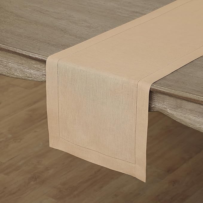 Solino Home Linen Beige Table Runner 90 Inches Long - 100% Pure Linen Hemstitch 16 x 90 Inch Table Runner for Dining, Spring, Easter - Classic Hemstitch