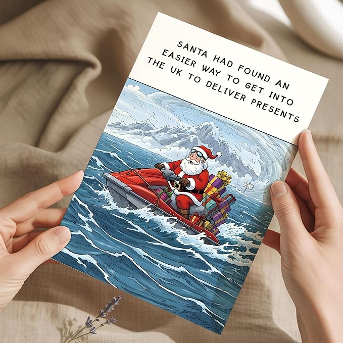 (5.3x8in) Santa Found an Easier Way to Get Into the UK Christmas Card with Envelope, Funny British Holiday Greeting Featuring Jet Ski Santa, Humorous Xmas Card for Friends and Coworkers (Xmas 35)