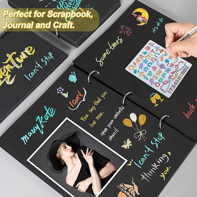 18 Pack Metallic Marker Pens, Lineon 16 Colors Fine Tip Paint Pens with 2 Stencils for DIY Craft Photo Album Rock Art Painting Card Making Glass Wood
