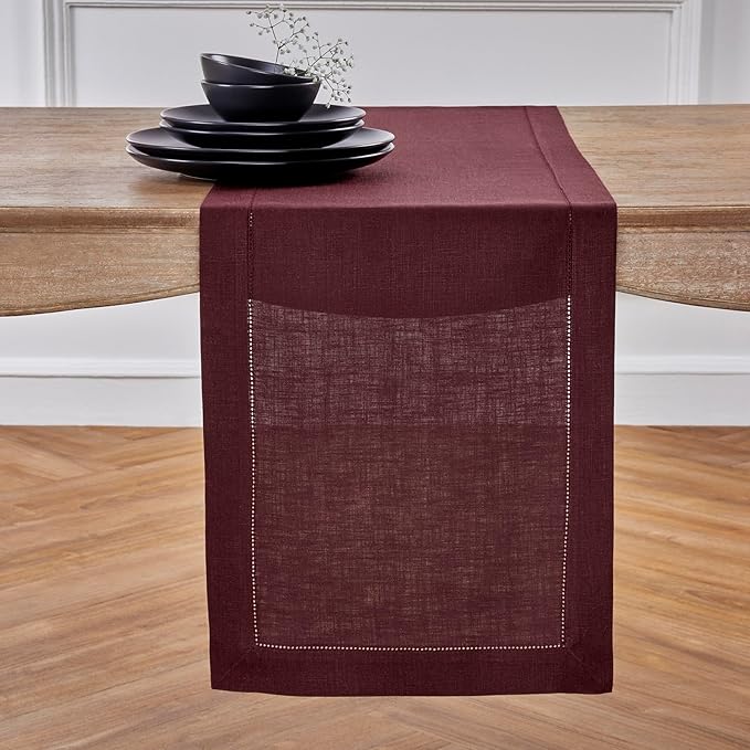 Solino Home Linen Burgundy Table Runner 132 Inches Long - 100% Pure Linen Extra Long Table Runner 14 x 132 Inch for Valentines, Winter - Classic Hemstitch