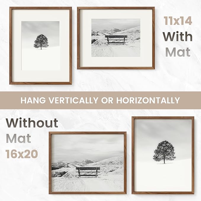 16 x 20 Picture Frame, USA-Sourced Natural Walnut Wood Photo Collage Frame with HD Tempered Glass, Modern Simple 16x20 Wooden Frame Matted to 11x14, Vertical & Horizontal Wall Hanging Display