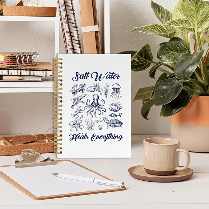 Coastal Beach Notebook, Inspirational Salt Water Heals Everything Ocean Marine Journal Notebooks, Ocean Themed Gifts, Beachy Office School Supplies Hardcover Spiral Notebook 5.5x8.3 Inch