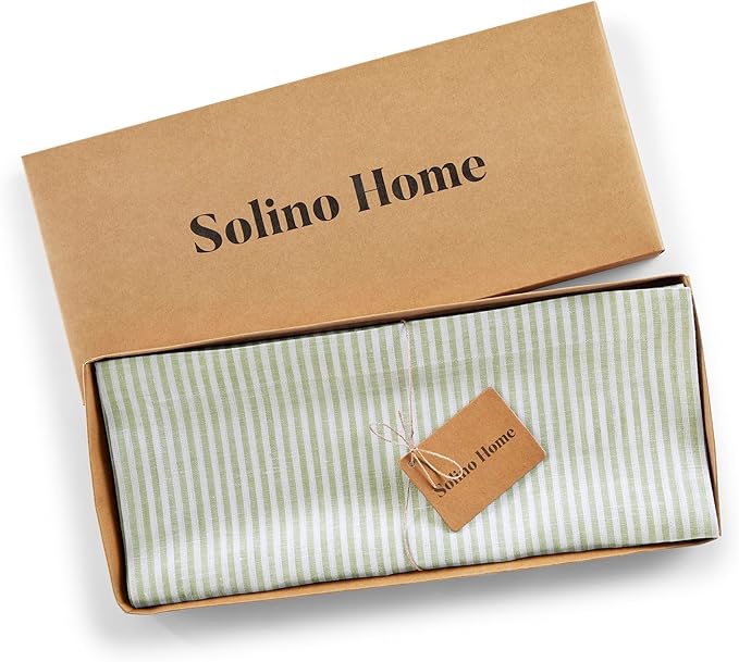 Solino Home Linen Stripe Table Runner 60 Inches - Narrow Stripe, 100% Pure Linen Avocado and White Table Runner 14 x 60 Inch for Dresser and Coffee Tables - Spring, St Patricks Day, Easter, Winter