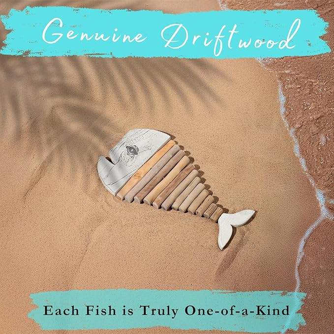 Mint Bucket Brands Driftwood Fish Nautical Wall Decor - 18" x 10" Handmade Wooden Rustic Coastal Wall Art for Living Room, Bedroom, Office, Bathroom - Ocean Beach Decoration (Crystal)