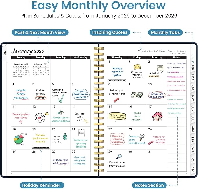 2026 Planner, Weekly and Monthly Planner for Women, January 2026 to December 2026, Pretty Hardcover 2026 Calendar Planner Book with Tabs, Inner Pocket, Spiral Bound, Perfect Office Home School Supplies - 8.5" x 11", Golden Butterfly