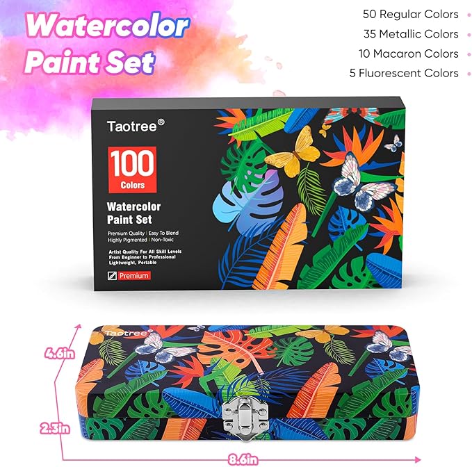 Taotree Watercolor Paint Set 100 Colors, Art Supplies Watercolors Kit Travel Water Colors with 3 Paints Brushes, Crafts Painting Supplies, Drawing Christmas Gifts for Teens Girls Boys Adults Artists