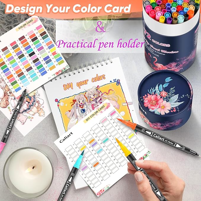 Caliart 72 Colors Double Tip Brush Pens Art Markers, Artist Fine & Brush Pen Coloring Markers for Adult Book Cards Drawing Craft Kit Teacher Office Supplies, Christmas Gifts for Teen Girls Boys