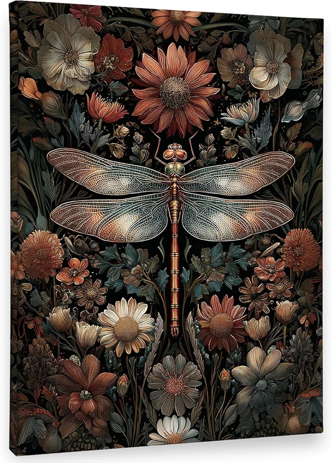 PHAMTE Vintage Floral Dragonfly Wall Art Decor Canvas 11x14, Dark Cottagecore Flower Botanical Dragonfly Pictures Decorations, Wildflower Insect Framed Prints Artwork for Home Bedroom Room Decor
