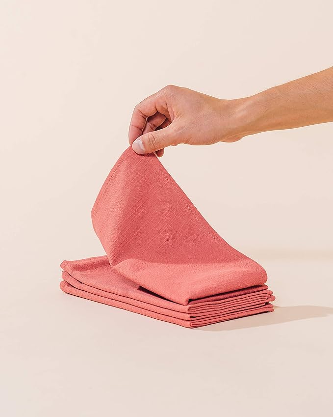 Caldo Linen Dinner Napkins - Rustic- Soft and Durable Cloth- Washable and Reusable - 4 Pack - 20x20 inch (Coral)