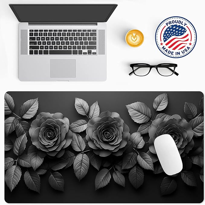 Luxury Black Rose Desk Mat Large Gaming Mouse Pad with Elegant 3D Floral Design and Dark Aesthetic Desk Pad for Office Home Gift for Gamers Artists Minimalist Lovers, 22x12in