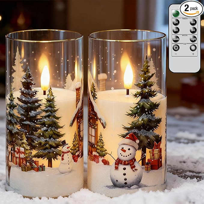 GenSwin Christmas Flameless Candles with Remote Timer, Set of 2 Christmas LED Glass Battery Operated Candles with Cedar, Snowman, Reindeer, Snowy House Decals for Holiday Winter Home Decor(D3” x H6”)