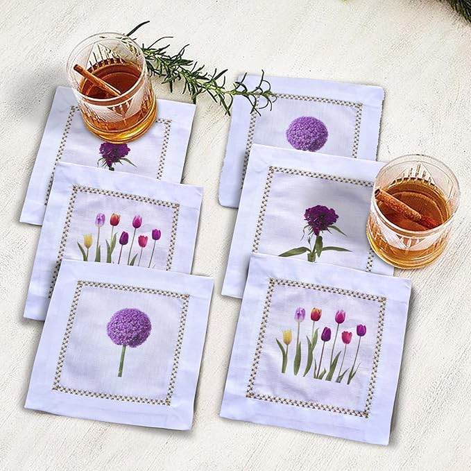 Cocktail Napkins Set of 6, 6x6 inch, 100% Pure Cotton, Printed Floral Design, Reusable & Washable Napkin Coasters for Beverages, Parties, Weddings & Everyday Use (Tulip & Dandelion)