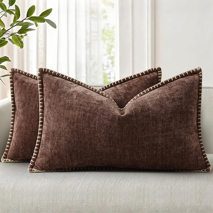 decorUhome Spring Chenille Soft Throw Pillow Covers 12x20 Set of 2, Lumbar Velvet Farmhouse Neutral Decorative Pillow Covers with Stitched Edge for Couch Sofa Bed Home Decor, Chocolate