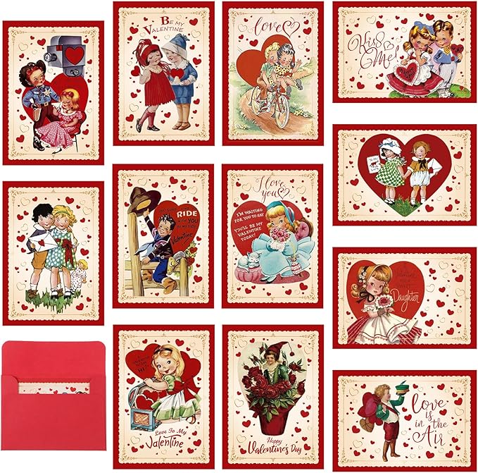 Yinder 24 Set Mini Vintage Valentines Day Cards with Envelopes Vintage Retro Valentines Day Greeting Cards Assortment for Wedding Party Anniversary Classroom Home Office Business Exchange