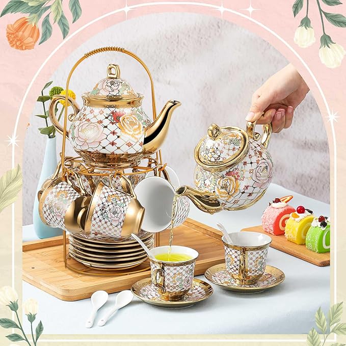 Zhehao 20 Pcs Porcelain Tea Set with Metal Holder and Spoon Adult Ceramic Tea Set European Flower Painting Teapot Cup Saucer Spoon for Women, Large Version(Delicate Style)
