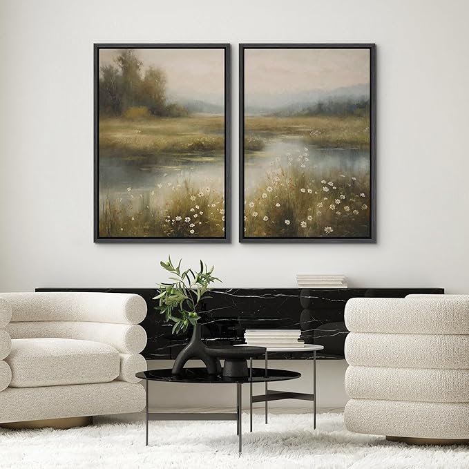SIGNWIN Framed Canvas Print Wall Art Set Serene Marshland Landscape Rustic Illustration Modern Art Minimalism Decorative for Living Room, Bedroom, Office - 16"x24"x2 Black