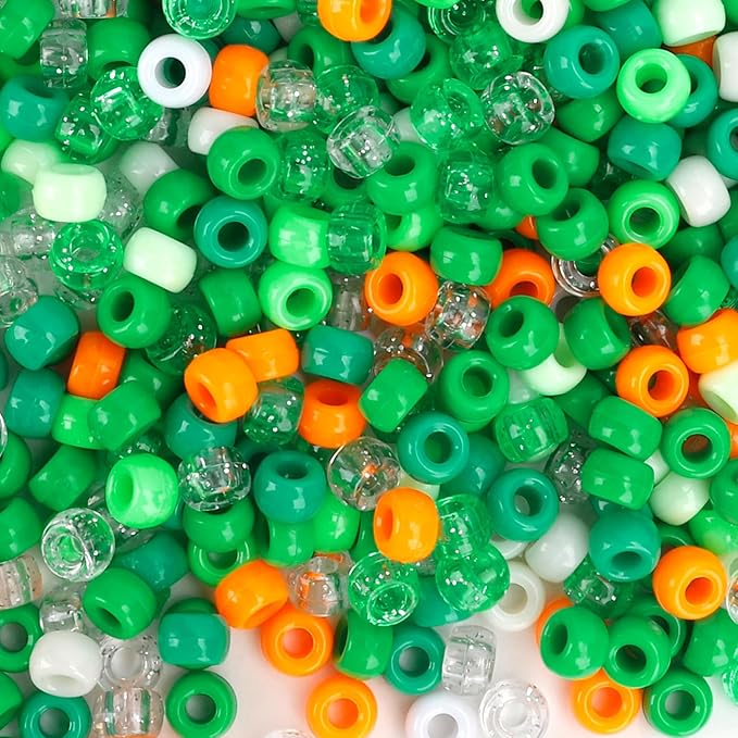 QPIXVB 1100PCS Pony Beads,St.Patrick's Day Pony Beads for Bracelets Crafts,Plastic Irish Spacer Bead,Green White Orange Hair Bead for Braids,Jewelry Necklace Keychain Charms Making Supplies