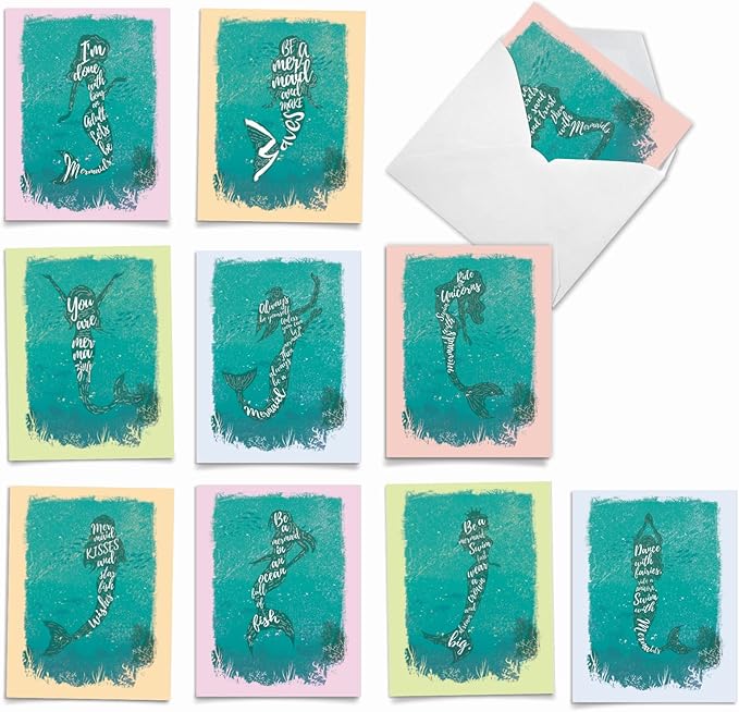 The Best Card Company - 10 Blank Note Cards (4 x 5.12 Inch) - Fun Mythical Fantasy Cards, Assorted Greetings Boxed - Mermaid Quotes AM6824OCB-B1x10-NB