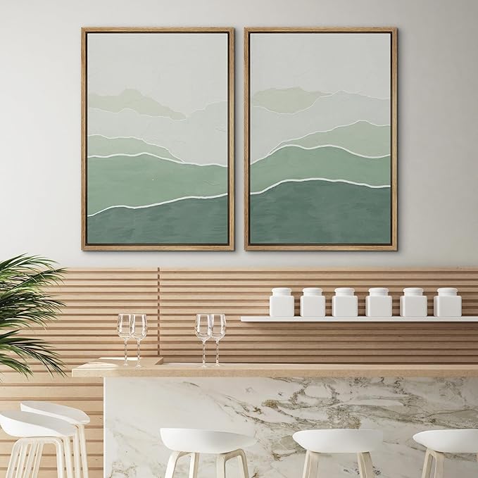 SIGNWIN Framed Wall Art Print Set Green Gradient Wave Landscapes Abstract Shapes Illustrations Modern Art Bohemian Relax/Calm Multicolor for Living Room, Bedroom, Office - 16"x24"x2 Natural