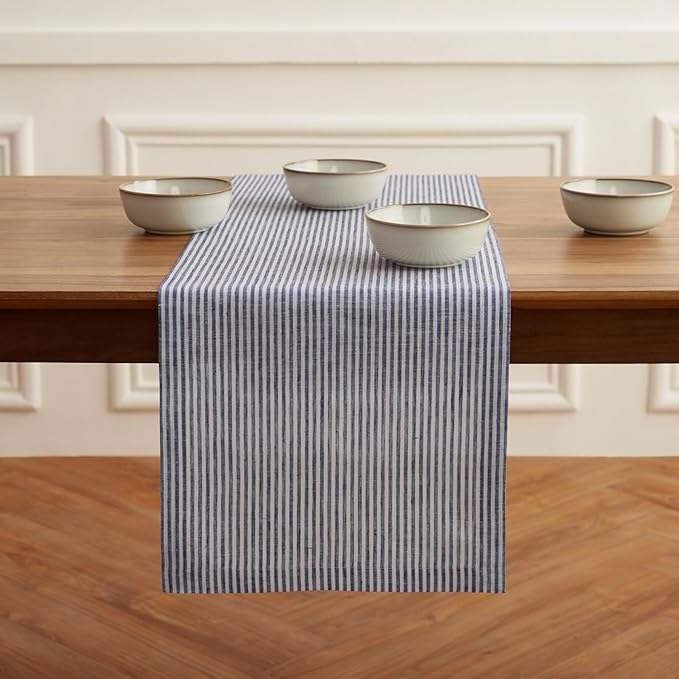 Solino Home Linen Table Runner 36 Inches - Narrow Stripe 100% Pure Linen Navy and White Table Runner 14 x 36 Inch Ideal for Dresser and Coffee Tables - Winter, Spring, Easter