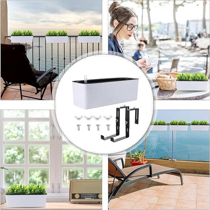 GANAZONO Rectangular Plastic Self-Watering Plant Pot with Water Level Indicator and Railing Support for Indoor Outdoor Gardening, Small Automatic-Watering Flowerpot Set