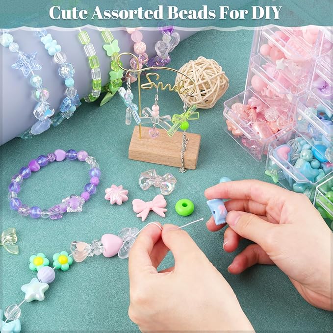210-270PCS TINKRSTUFF Assorted Acrylic Beads, 4 Colors Series Cute Beads for Bracelet Making, Bow Flower GummyBear Kawaii Charms, Aesthetic Bead for Necklace Keychain Jewelry Making DIY Phone Charm