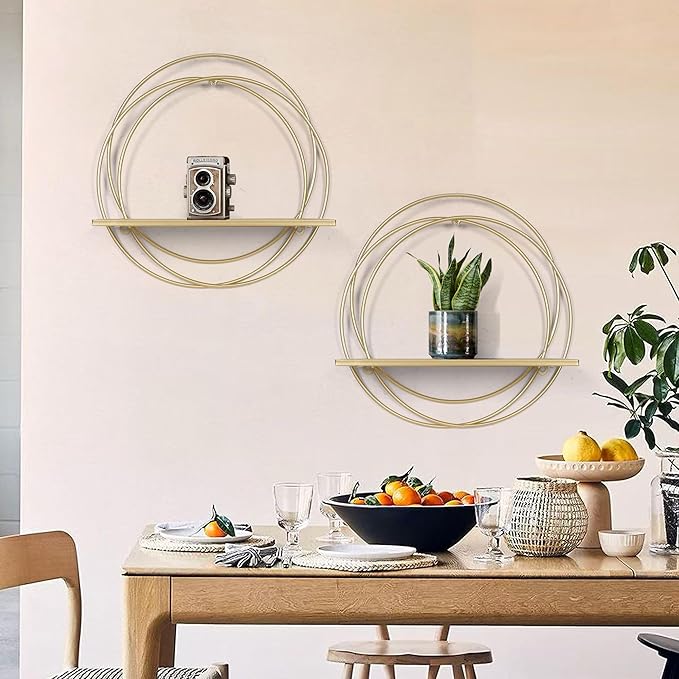 Oakrain 16" Floating Shelves Set of 2, Gold Wall Shelf with Round Metal Frame, Foldable Wooden Hanging Shelves for Storage, Living Room Decor, Bathroom, Kitchen, Bedroom, Office