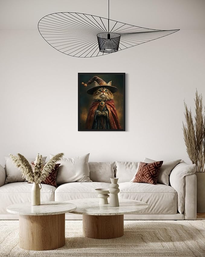 Cat Wizard Art Poster Print, Kitten Painting Humor Portrait Pet Artwork Decor Gallery A8 (Cat Wizard, 8 x 10 inches, Black Frame)