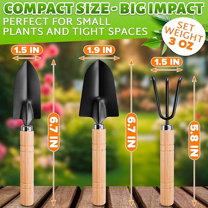 3 Pcs Small Garden Tools for Gardening – Planting Tools Set with Small Garden Shovel Hand, Ergonomic Hand Rake, Rustproof & Solid Wood Handle – Shovels for Digging & Indoor Plant Care