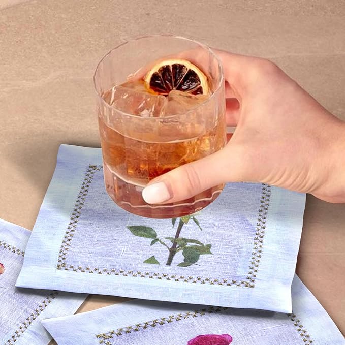Cocktail Napkins Set of 6, 6x6 inch, 100% Linen, Printed Floral Design, Reusable & Washable Napkin Coasters for Beverages, Parties, Weddings & Everyday Use (Rose)