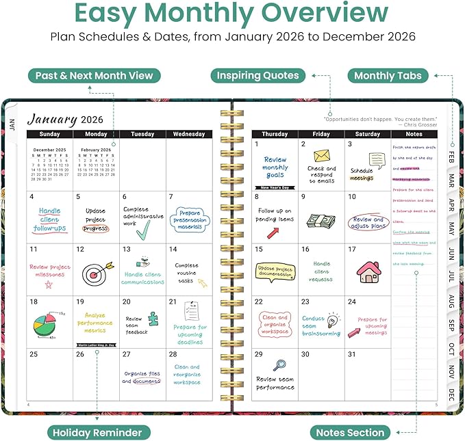 2026 Planner, Weekly and Monthly Planner for Women, January 2026 to December 2026, Pretty Hardcover 2026 Calendar Planner Book with Tabs, Inner Pocket, Spiral Bound, Perfect Office Home School Supplies - 8.5" x 11", Wildflower Reverie