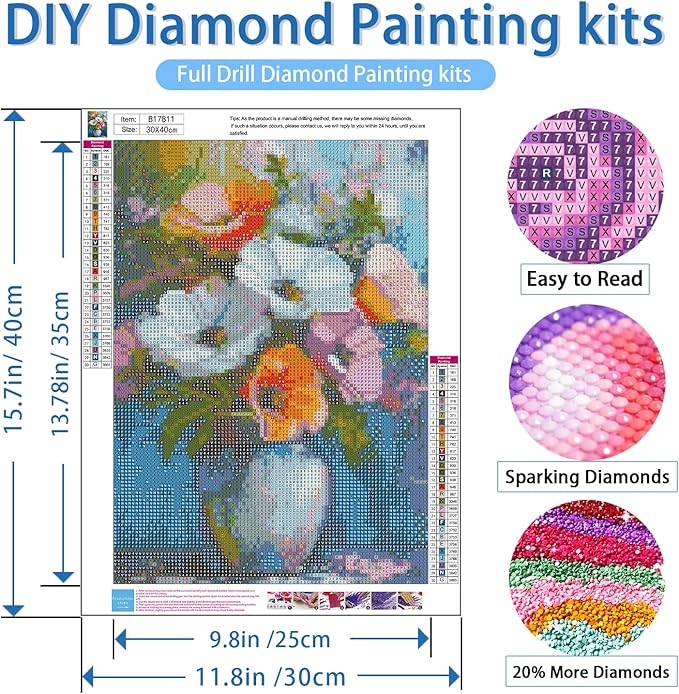 NWQZBYHT Flowers Diamond Art Kits for Adults,Vase 5D Diamond Painting Kits for Adults,Flowers DIY Round Full Drill Gem Art Kits for Beginner,Diamond Dots Picture Crafts Home Wall Decor 12x16 Inch
