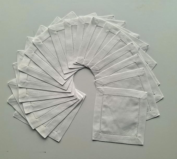 Cocktail Napkins Linen 6"X6" Set Of 50, Linen Blend Cocktail Napkin, Cloth Napkin Coasters Ladder Hemstitch Beverage Party, White Cocktail Napkins Beverage Party Napkin Super Value Bulk 50 Pack