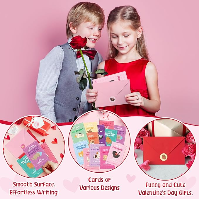 TICIAGA 72pcs Valentine's Day Cartoon Cat Animal Greeting Card with Envelop and Stickers for Kids, Cute Catling Pet Notecard Exchange Gift for Boys and Girls School Classroom Valentines Party Favors