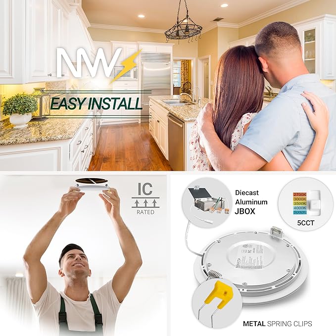 NUWATT 4 Inch Gimbal LED Recessed Lighting, 5CCT 2700K/3000K/3500K/4000K/5000K Selectable, 630 Lumen, Dimmable, Adjustable Canless Eyeball Lights for Sloped Ceilings, Metal Junction Box, 6 Pack