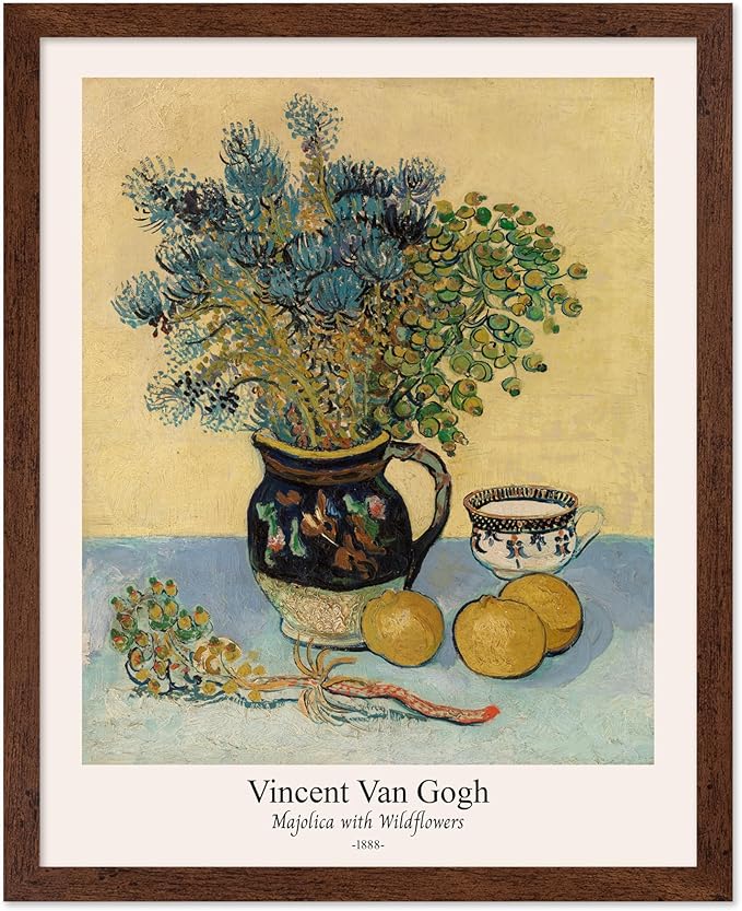 Monem Art Vintage Van Gogh Poster - Retro Majolica with Wildflowers Print - Impressionism Art - Flower Art - Fine Art - Classic Painting Art - Floral Living Room Decor - 16x20 Brown Framed