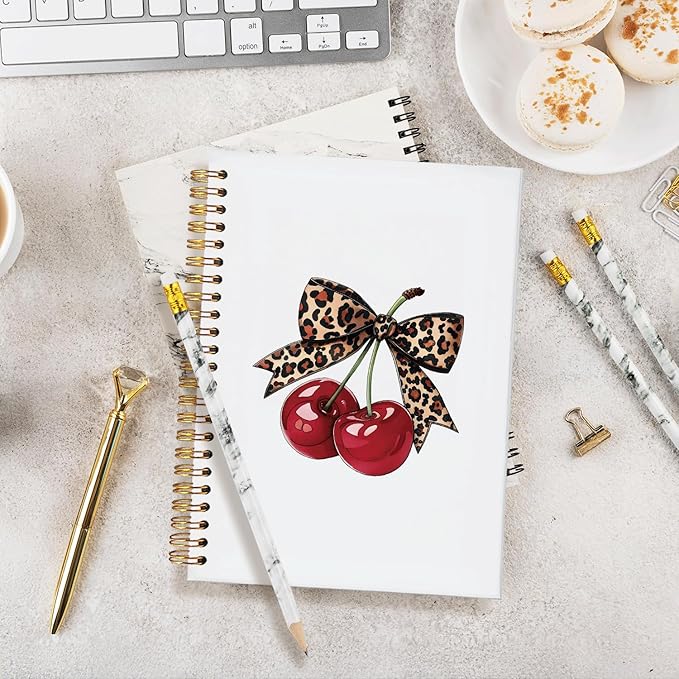 Leopard Bow Cherry Notebook Journal,Trendy Coquette Aesthetic School Supplies for Girls,Preppy Spiral Planner for Girls & Women,Cute Notebooks for Women, 5.5x8.3 Inch