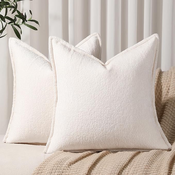 Pack of 2 Cream White Decorative Throw Pillow Covers 22x22 Cozy Soft Chenille Accent Vintage Square Couch Pillow Covers for Home Decor Bed Sofa Living Room