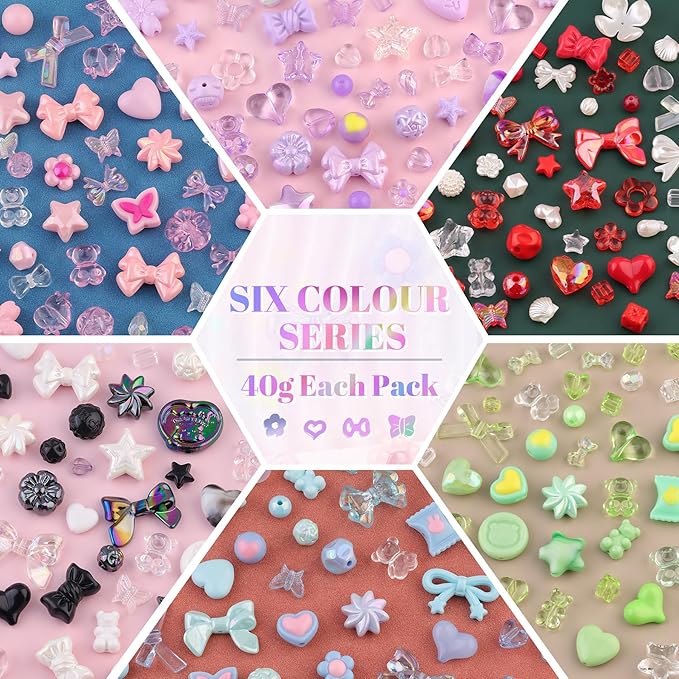 400-450PCS TINKRSTUFF Assorted Acrylic Beads 6 Mixed Colors Cute Beads for Bracelet Making, Bow Aesthetic GummyBear Flower Butterfly Kawaii Charms for Jewelry Making DIY Necklace Keychain Phone Charm