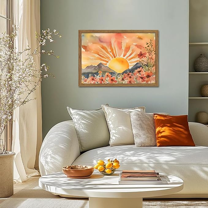 Framed Sunset Boho Wall Art for Living Room - Modern Abstract Floral Canvas Picture Boho Wall Decor, Sun Landscape Aesthetic Painting Poster Prints for Bedroom Home Office 12x16 inch