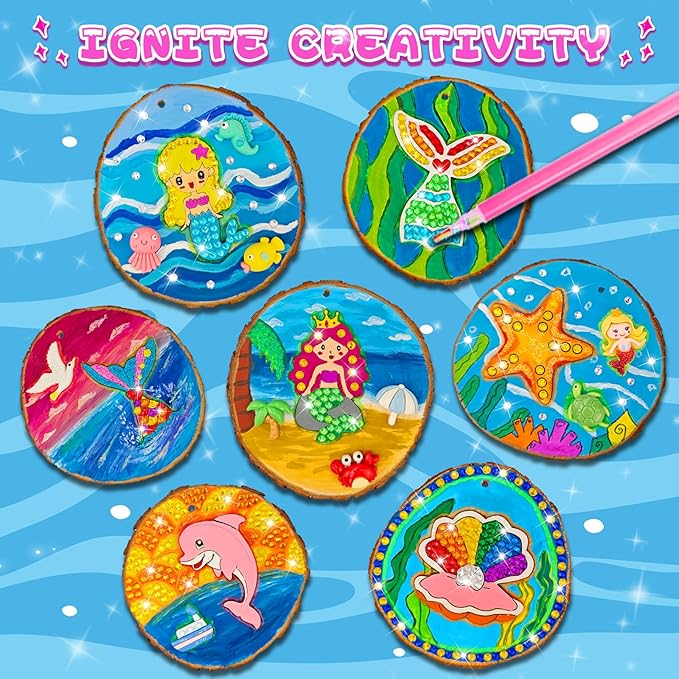klmars Mermaid Themed Wooden Painting Kit-Glow in The Dark-Arts & Crafts Gifts for Kids Girls Ages 6-12-Wood Slice Craft Activities Kits -Mermaid Art Toys for Kids Christmas Gifts